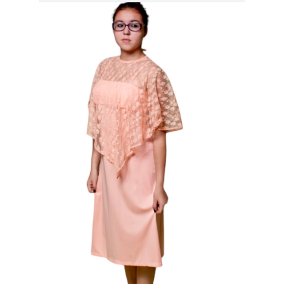 Vintage 60s PEACH Dress With Floral LACE Cape - Two Piece Set - Picture 4 of 5